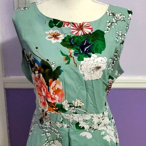 Owin Teal Green Floral Jackie O 60s Sleeveless Fit & Flare Pinup Midi Dress - Picture 3 of 11